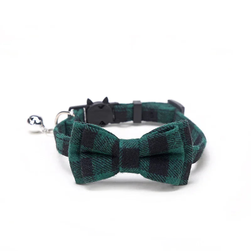 Festive Plaid Cat Collar with Bow Tie & Safety Bell