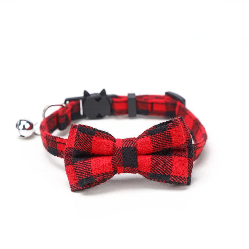 Festive Plaid Cat Collar with Bow Tie & Safety Bell