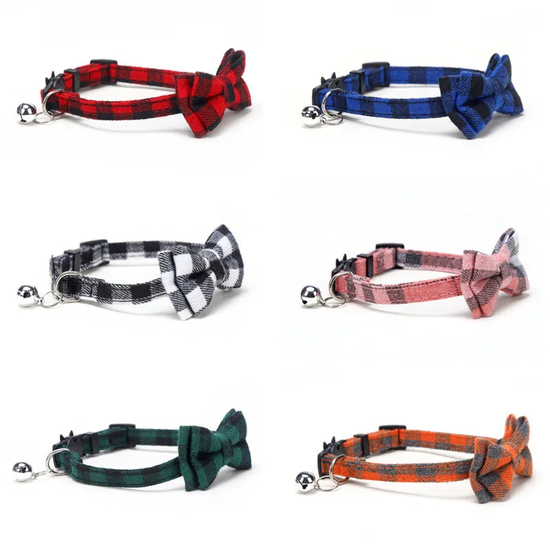 Festive Plaid Cat Collar with Bow Tie & Safety Bell