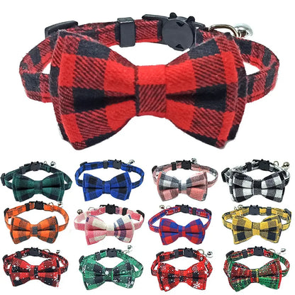 Festive Plaid Cat Collar with Bow Tie & Safety Bell