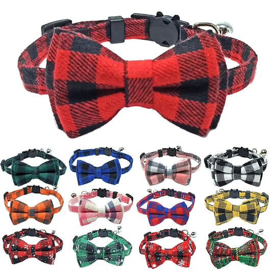 Festive Plaid Cat Collar with Bow Tie & Safety Bell